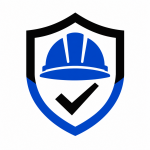 Blue hard hat inside a shield with a black checkmark, symbolizing safety approval.