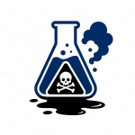 Blue laboratory flask with a skull-and-crossbones poison warning and a black spill at the base.