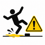 Slip hazard: a person slipping on a spill beside a yellow triangle warning sign.