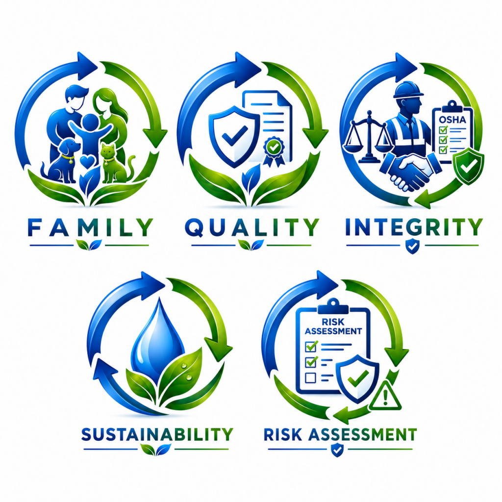 Five circular logos representing core values: Family, Quality, Integrity, Sustainability, and Risk Assessment, with blue and green arrows around each ring.